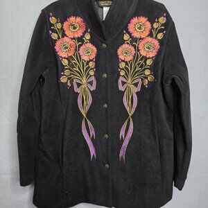 Vtg Bob Mackie Wearable Art Black Floral Embroidered Fleece Jacket Size Large